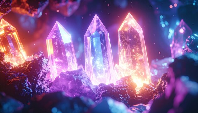 3D crystalline structures glowing inside a magical fantasy environment