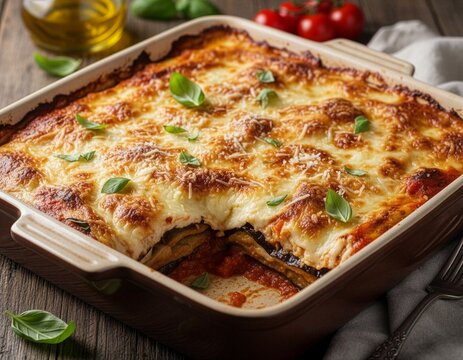 Bakłażan zapiekany z pomidorami, mozzarellą i parmezanem