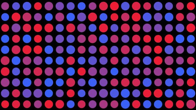 Colorful circles pulsating in a grid on black background, vibrant digital neon tech design background