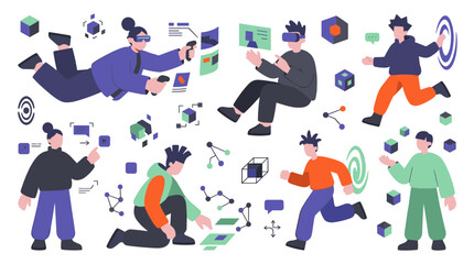 Fototapeta premium Diverse people engage with virtual reality technology interacting with digital interfaces and futuristic augmented reality elements for innovation and entertainment