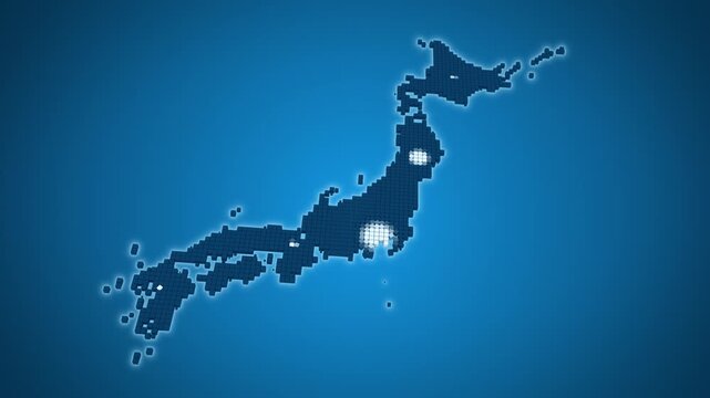 放射状に広がって色が変化していく青い日本地図（正方形グリッド）