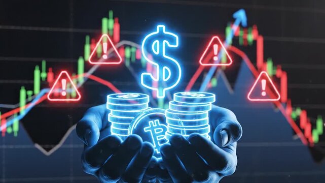 3d dollar sign with rising stock market charts and warning triangles in futuristic neon glow