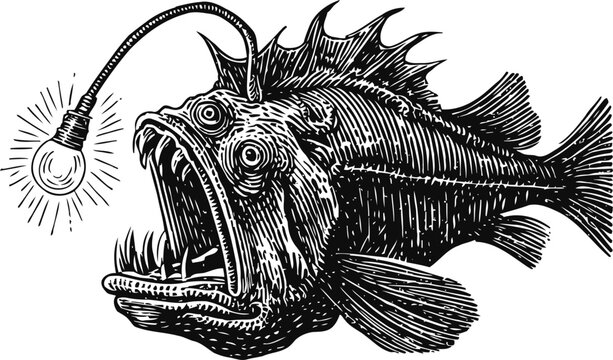 Deep sea anglerfish with glowing lure black and white illustration of deep ocean predator fish with bioluminescent light