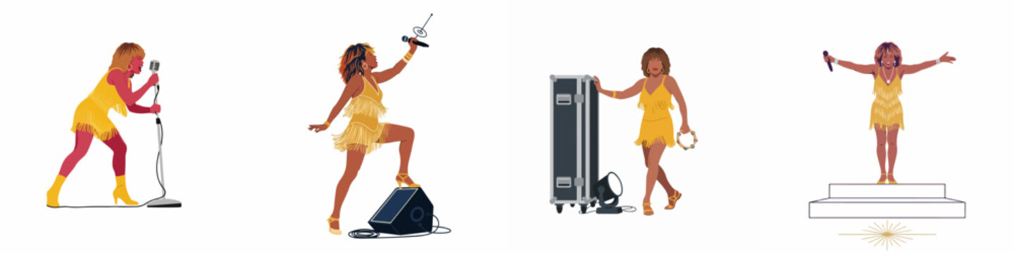 Four illustrations of a legendary soul and rock singer in a yellow fringe dress, performing on stage with various musical equipment.