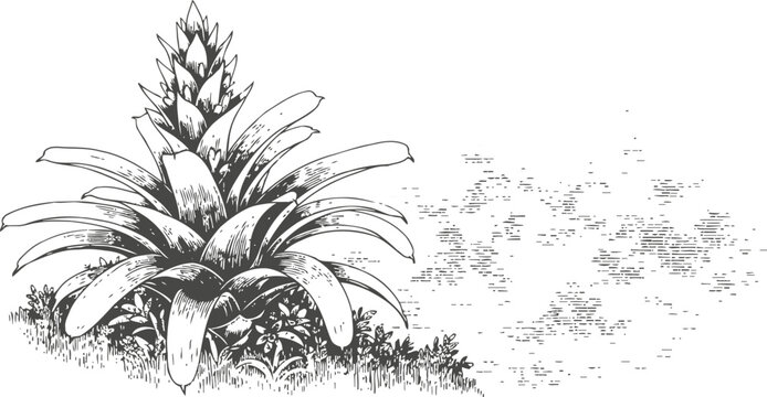Illustration of a large bromeliad plant with broad leaves and dense foliage detail