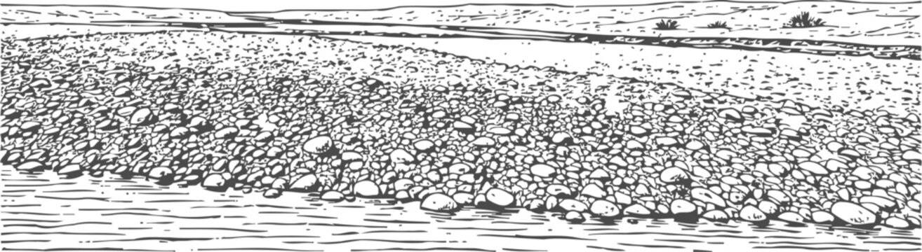 Pebble beach shoreline with small round stones and smooth water in black and white sketch