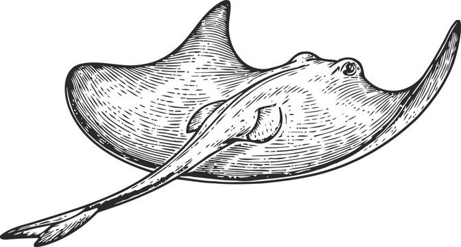 Detailed ink drawing of a stingray swimming underwater with spread fins and long tail