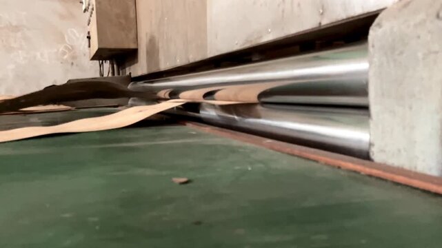 Thin Wood Sheets Moving Through Continuous Drying Oven in Factory