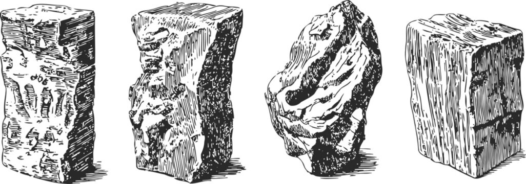 various charcoal briquettes set burnable fuel pieces in different shapes and textures