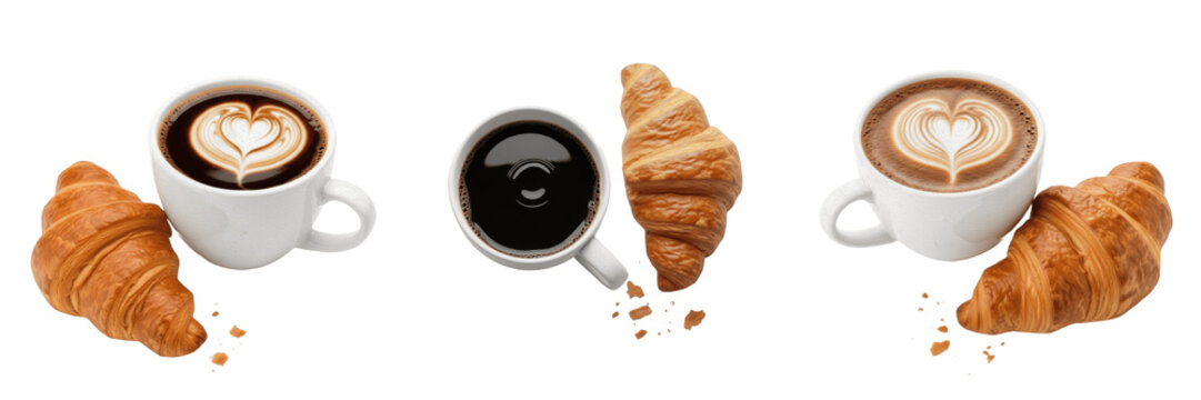 A cup of coffee with croissant isolated on white background high resolution breakfast and brunch food photography for cafe advertising and restaurant menu design and gourmet morning routine concepts
