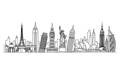 Minimal City Skyline Outline Vector with Famous Landmarks Black and White © MdSidur