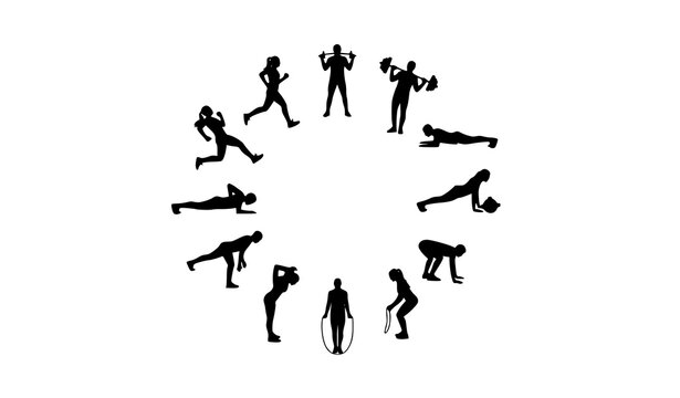 Circular fitness silhouette workout poses set black gym exercise figures infographic vector illustration on white