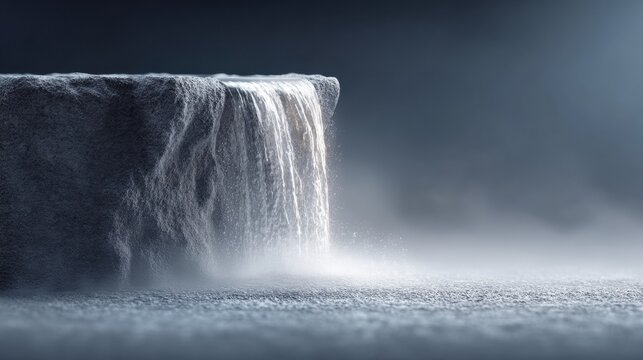 Fine white sand pouring over a dark stone ledge in moody studio light with soft mist