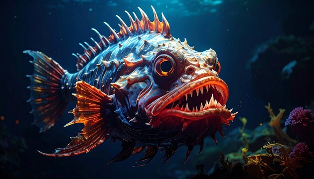 A large, menacing deep-sea fish with sharp teeth swims near coral