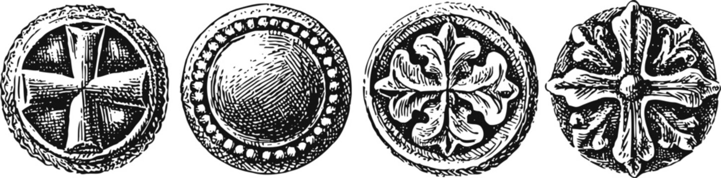 Ancient celtic coins round metal currency with carved designs and symbols historical vintage artifacts