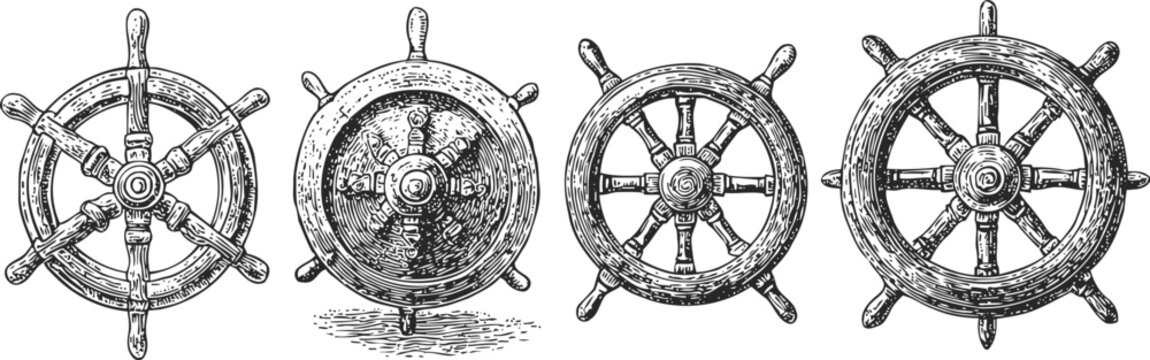 Vintage nautical ship steering wheels set maritime helm illustrations in detailed engraving classic marine navigation equipment collection
