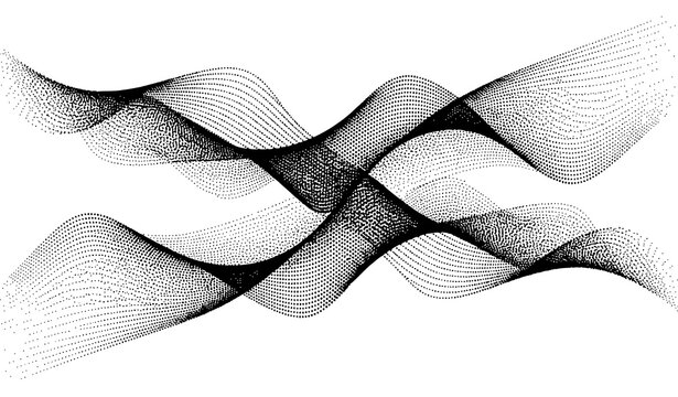 Dynamic intersecting halftone dot waves abstract 3D particle curves in black minimalist vector on white