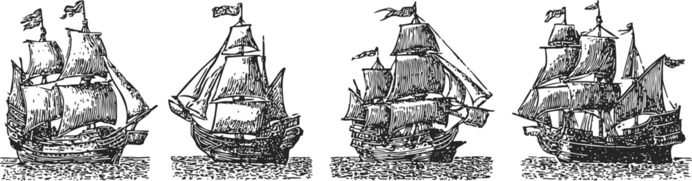 Vintage sailing ships illustration set with detailed rigging and flags on white background