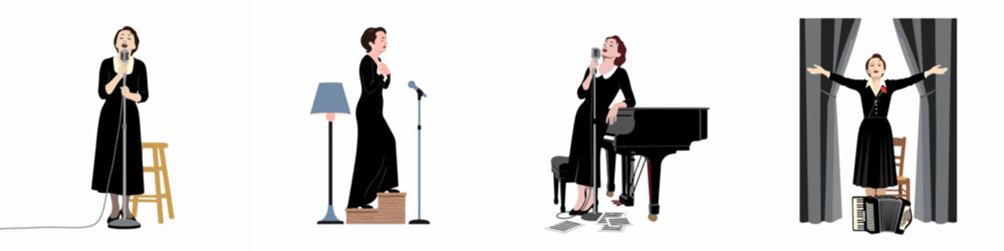 Four illustrations of a classic cabaret singer in a black dress performing on stage with a piano, microphone, accordion, and curtains.