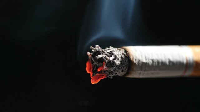 Macro View of Burning Cigarette Tip and Ash on Black Background