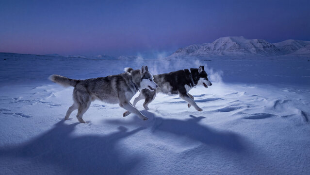 Two husky dogs running across snowy mountain at blue winter twilight