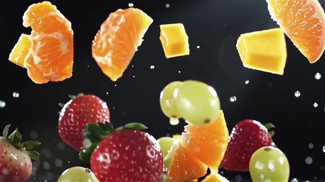 Vibrant Mixed Fruit Explosion with Water Splashes in Slow Motion on Black Background