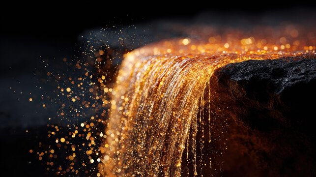 Molten metal sparks cascading over hot steel billet in dark industrial forge close up