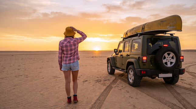 Woman in Plaid Shirt and Bucket Hat Standing by 4WD Jeep with Canoe on Roof Rack at Desert Sunset