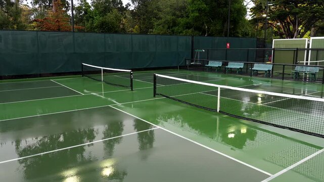 Empty green pickleball court with white lines and nets getting wet after a recent rain, reflecting the surrounding trees and lights on its shiny surface with no people present