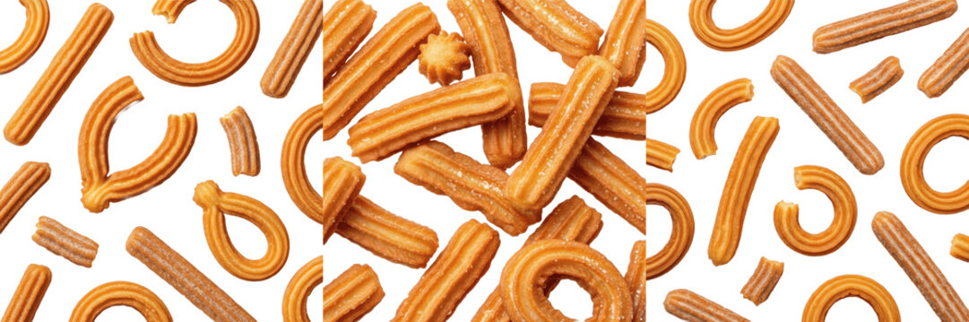 Crispy fried churros isolated on white background high resolution food photography for street food and bakery dessert menu advertising and gourmet snack design concepts and sweet treat visual asset