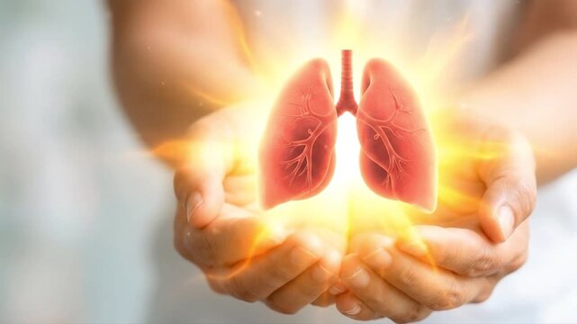 Human lungs concept in cupped hands, suitable for medical presentation, respiratory health awareness, clinical research, science education, and biology.