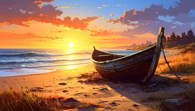 A weathered wooden boat sits on a golden, sandy beach under a vibrant sunset sky with gentle waves