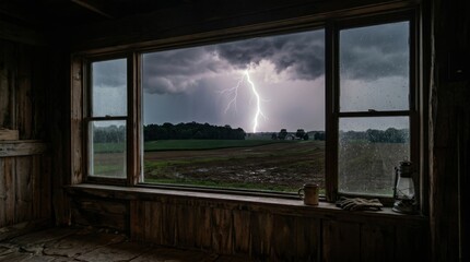 Fototapeta premium Dramatic lightning strike viewed through a rustic window frame.