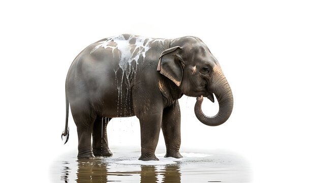 Elephant standing in water isolated white.
