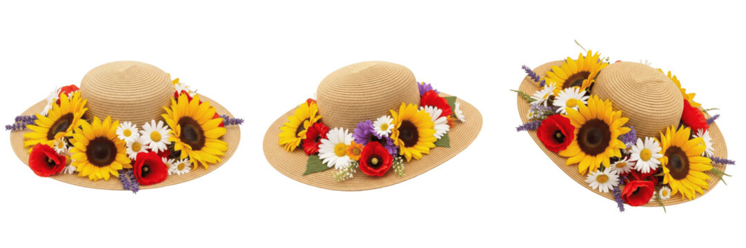A sun hat with flowers isolated on white background high resolution photography for summer fashion and vacation travel and leisure lifestyle advertising and beach accessory product design visual asset