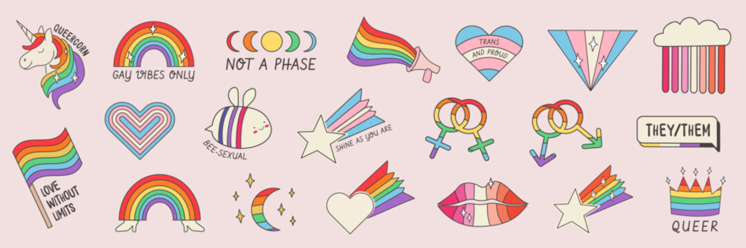 Retro LGBTQ pride sticker set with pun slogans and inclusive identity icons. Hand-drawn queer doodles, non-binary and lesbian elements, transgender flags and rainbows. Isolated vector illustration.