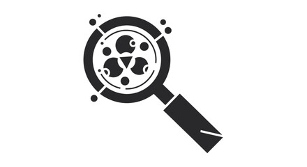 Obraz premium Black icon of a magnifying glass inspecting a petri dish with cell structures representing biological research scientific analysis and laboratory diagnostics.
