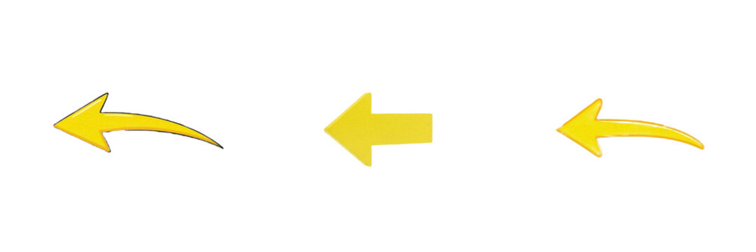 A bright yellow arrow pointing left isolated on white background high resolution graphic icon for navigation and direction signage and web interface design and creative marketing wayfinding assets.