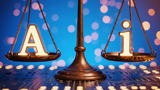 balance scale with glowing letters on digital background