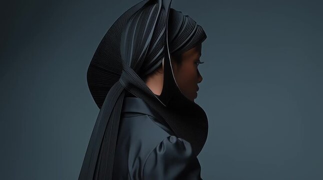 Surreal fashion portrait of a woman wearing a sculptural black collar inspired by a violin bridge