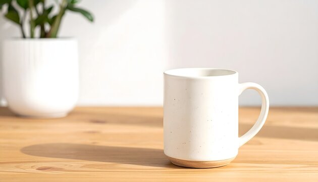 Taza blanca de cer&aacute;mica sobre mesa de madera con fondo limpio y ambiente minimalista