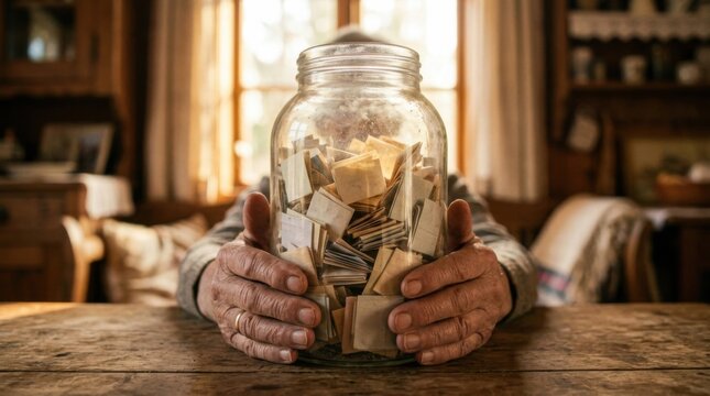 Hands holding a glass jar filled with notes on a wooden table.
