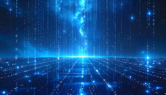 Fondo tecnol&oacute;gico azul con red digital luminosa, datos en perspectiva y atm&oacute;sfera futurista