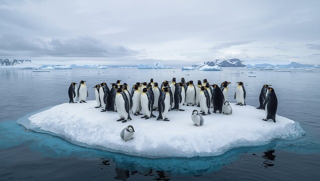 Group of emperor penguins huddled on a snow-covered ice floe, surrounded by calm dark blue water, with distant icebergs and mountains under a cloudy Antarctic sky