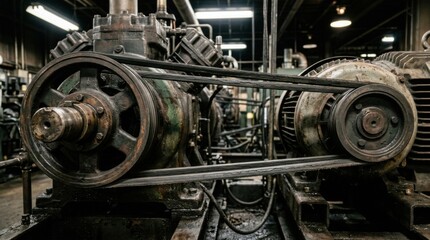 Fototapeta premium Industrial machinery with belts and pulleys in a workshop setting.