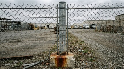 Fototapeta premium Industrial Yard Scene - Chain-Link Fence and Concrete Post.