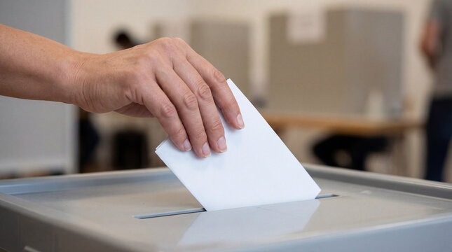 Hand placing a paper ballot into a box at a polling station, representing civic participation, voting process, election procedures, public governance, and democratic decision making.
