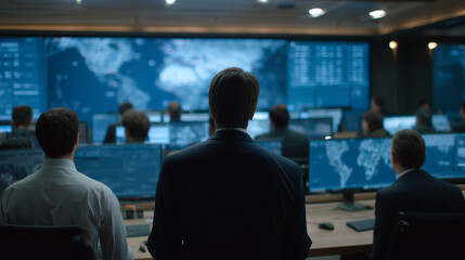 Fototapeta premium Incident response team crowded around central war room monitors at midnight, blue screen glow on tense faces, breach containment timeline visible, cyber emergency activation, security operations cen