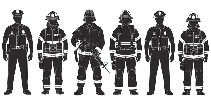 Public safety professional silhouette illustration set, police firefighter artwork, tactical emergency vector, protective service composition, uniform character illustration