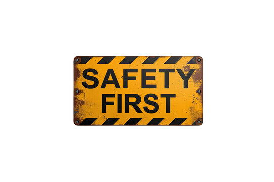 Safety first industrial warning sign with rust texture